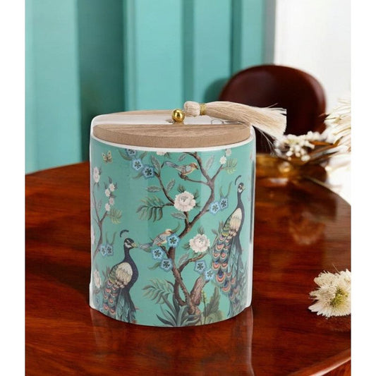 Kaars in Pot – 9x11cm – Keramische Pot met Pauwen en Bloemen