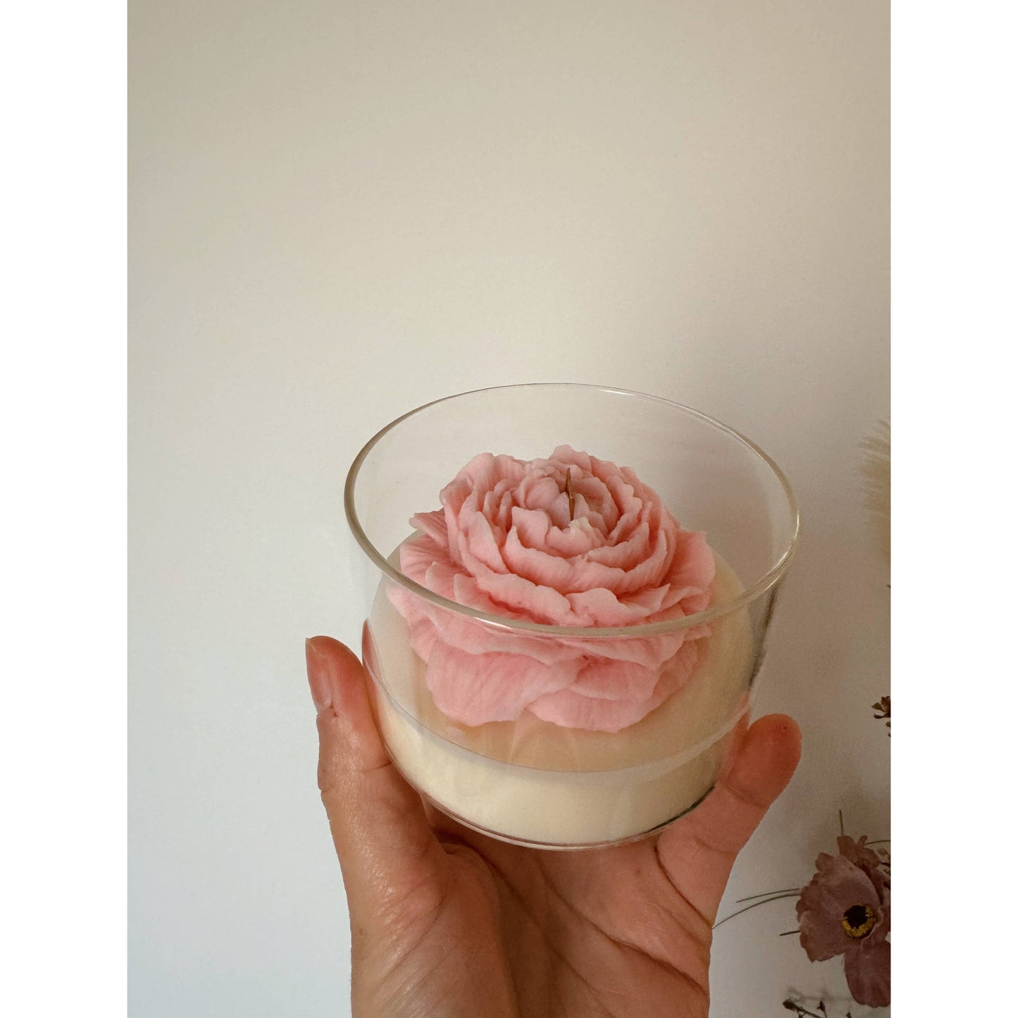 Kaarsenpot met pioenroos, glazen kurk roze zwarte kers