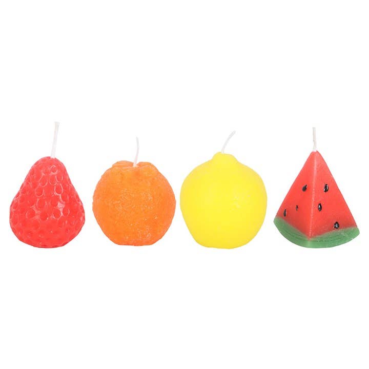 Fruitige kaarsenset zonder geur – vrolijke mini kaarsjes in fruitvorm, ideaal als zomers cadeautje of vrolijk accent in huis.