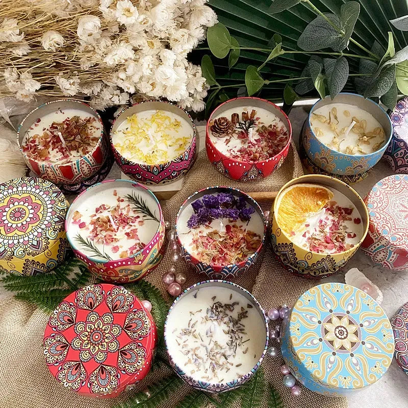 Soja Geurkaars aromatherapie in bloemen blikje met gedroogde bloemen