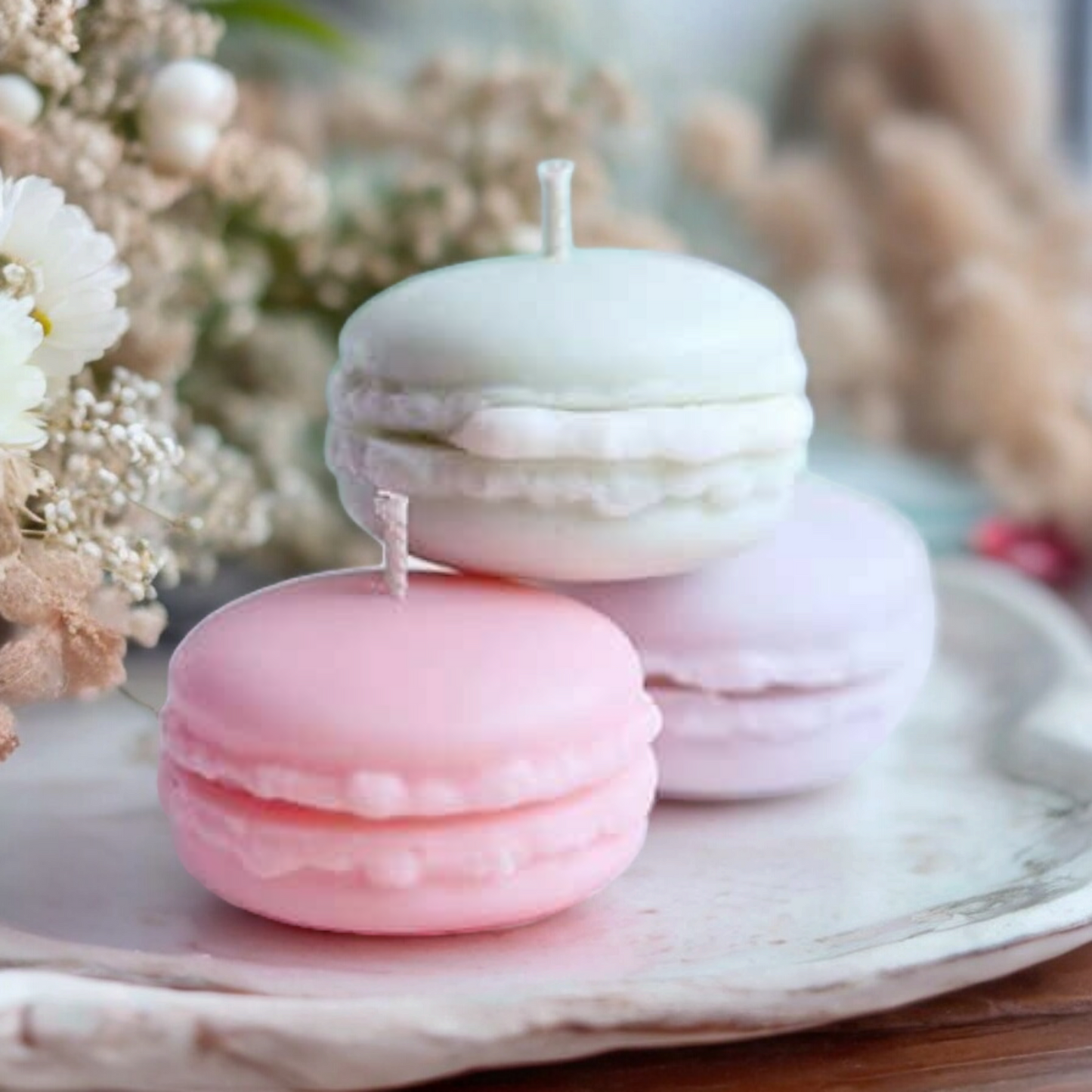 Macaron kaarsjes in 3 kleuren pastel