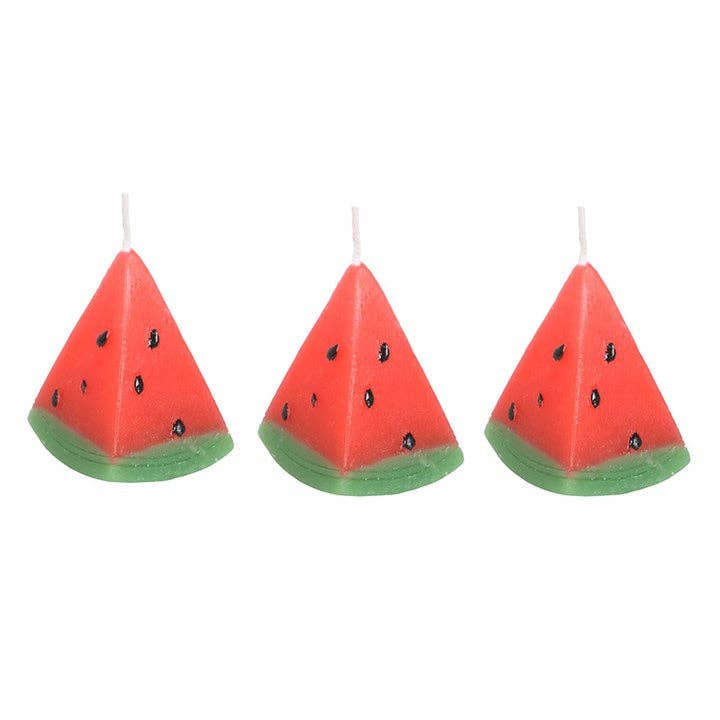 Set van 3 watermeloen kaarsjes zonder geur – decoratieve zomerse kaarsen in watermeloenvorm, ideaal als tafeldecoratie of zomercadeau. Brandtijd ca. 2,5 uur per kaars.