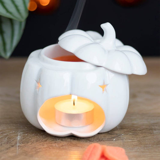Witte herfst- en herfstpompoen Halloween-oliebrander
