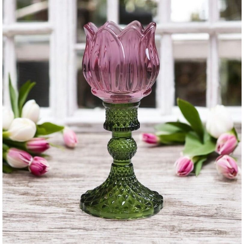 Theelichthouder Tulp glas roze 19cm