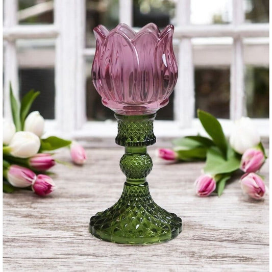 Theelichthouder Tulp glas roze 19cm