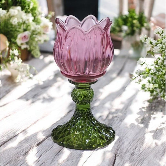 Theelichthouder Tulp glas roze 15cm