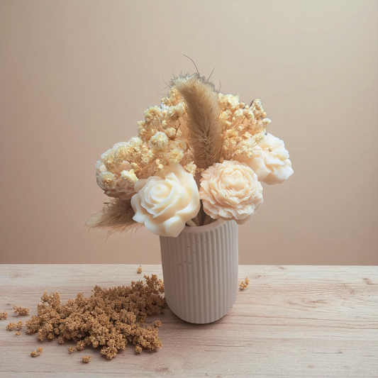 Beige boeketkaars met gedroogde bloemen in handgemaakt Jesmonite vaasje – duurzame woondecoratie