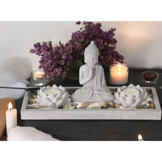 Boeddha Zen tuintje 29,5x12x7 cm met zand, rake en accessoires – rustgevende decoratie voor meditatie en mindfulness.