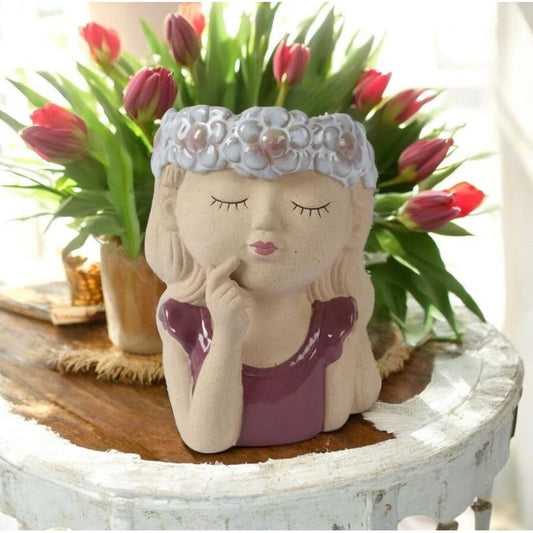Decoris bloempot met vrouwelijk design in roze en wit aardewerk, 15,7 cm hoog – stijlvol voor kleine tot middelgrote planten.