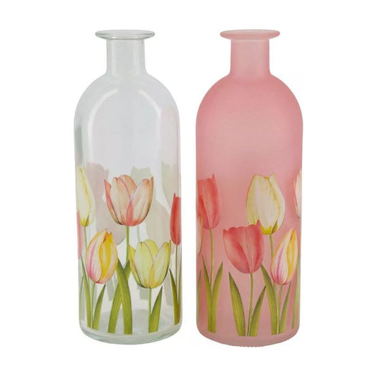 Elegante glazen fles met tulpenprint in roze of wit – stijlvolle voorjaarsdecoratie en vaas voor enkele bloemen, 20,5 cm hoog.

