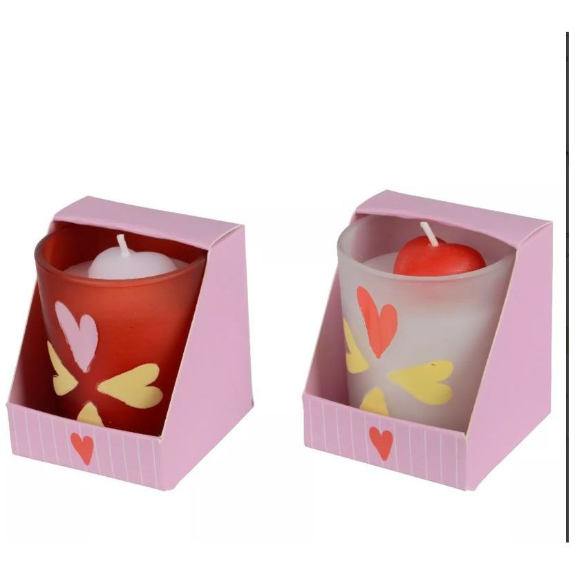 Romantische kaars met hartvormig decor – glazen kaars (6,8 cm hoog) perfect voor liefdevolle sfeer en cadeau.