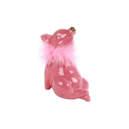 Roze aardewerk spaarpot Lady in varkensvorm met glanzende afwerking en sierlijke boa – stijlvol en decoratief.