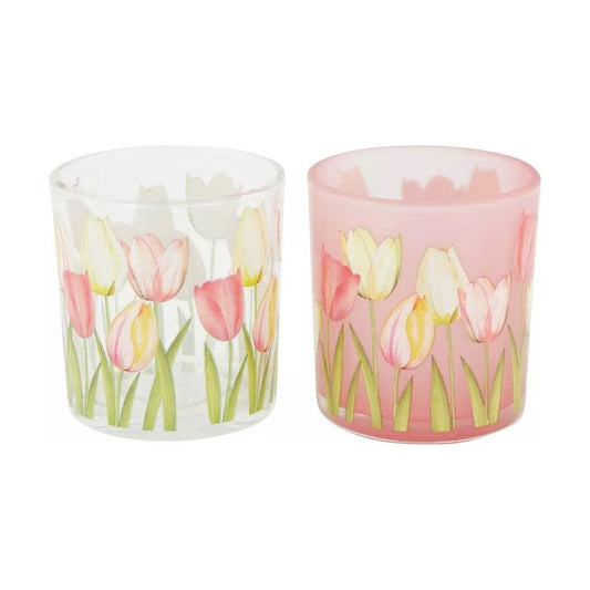 Theelichthouder met delicate tulpenprint – compact en elegant, Ø7,3 cm x 8 cm, perfect voor lentebehang in huis.