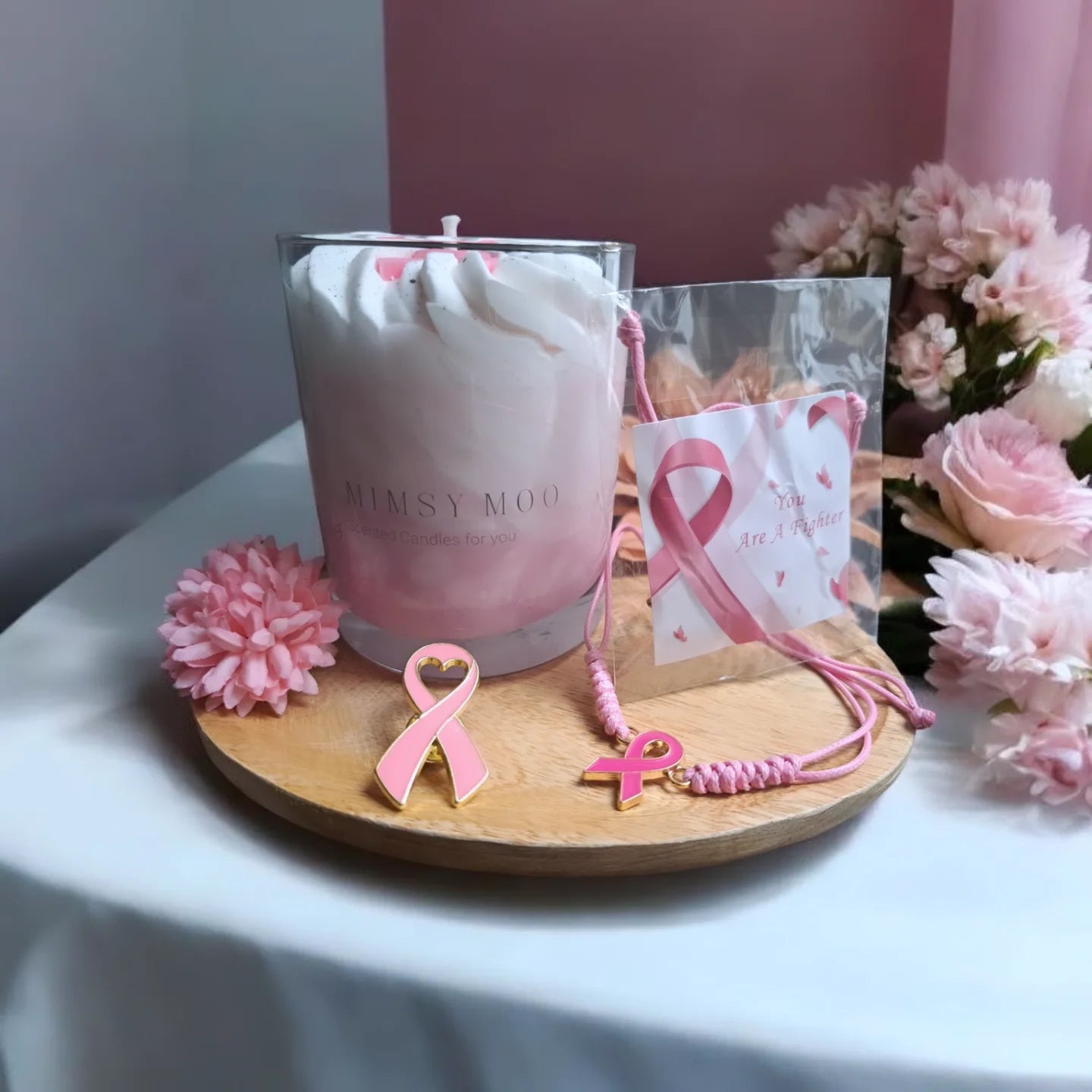 Pink ribbon armbandje en speldje en kaars