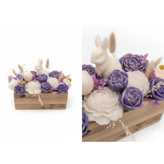 🌸🐰 Paas Waxmelts Boeket – Paars & Wit met Haasje 🐰🌸
